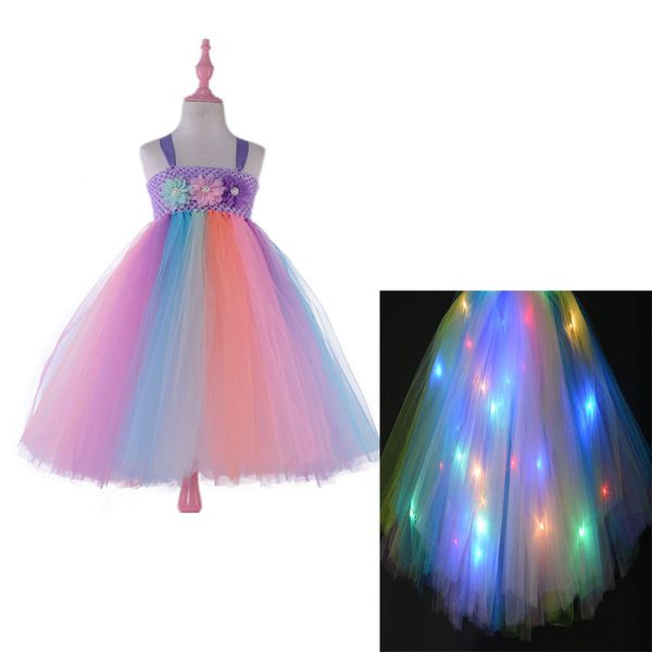 

glowing kids flower dress girls cosplay prom costume children princess lace dresses halloween party tutu 2t-9t, Black;red