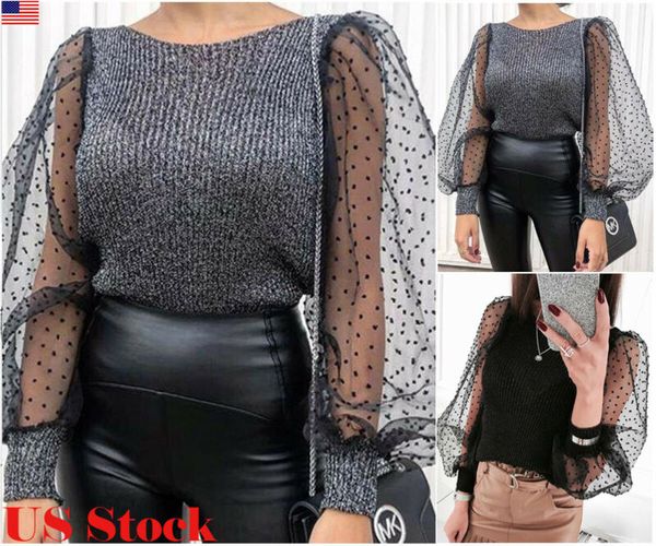 

women see-through puff sleeve sweater knit stitching organza solid color round neck sweater women's mesh dot long sleeve blouse, White