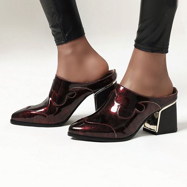 

new 2020 pointed toe summer mules slippers shoes women patent leather flip flops thick heel western slippers sandalia feminina, Black