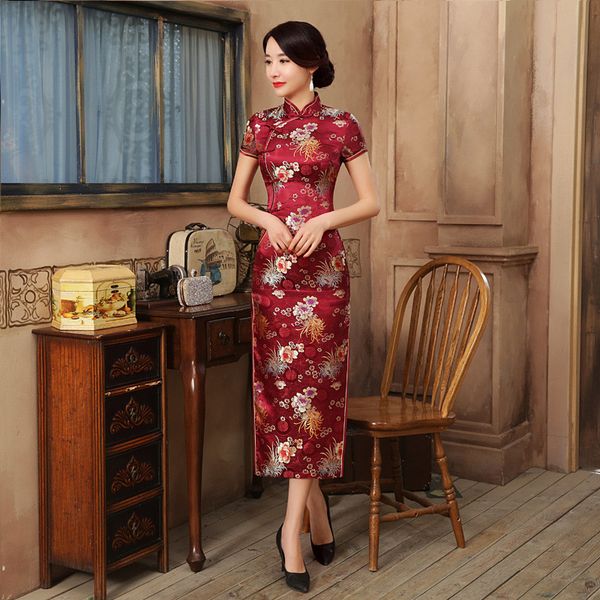 

women classic burgundy qipao vestidso satin short sleeve big size 3xl mandarin collar cheongsam flower chinese dress, Red