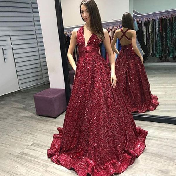 Abito da sera rosso scuro sexy Nuovo abito da sera senza maniche con paillettes luccicanti di lunghezza del pavimento Abiti da festa estivi taglie forti Spedizione veloce gratuita