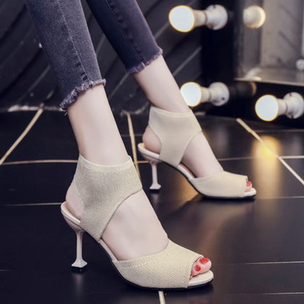 

high-heeled mesh breathable fish mouth sandals female 2020 summer new net red wild fairy wind stiletto women's shoes, Black
