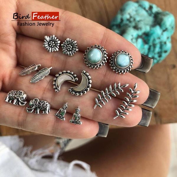 

fashion statement moon elephant stud earrings set for women vintage earrings wedding party bridal fringed jewelry gift 7 pairs, Golden;silver