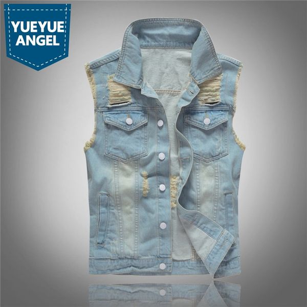 

korean slim plus size 4xl 5xl men denim vests sleeveless frayed patchwork hole quality jean jackets waistcoat fashion streetwear, Black;white