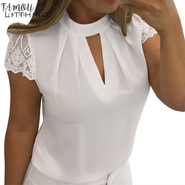 

summer casual hollow chiffon women stand collar blouses short sleeve splice lace blouse shirts blusas mujer plus size 5xl, White