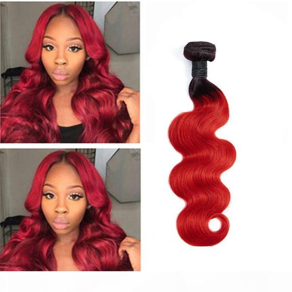 

indian virgin hair 1b red ombre human hair extensions 10-26inch one bundle remy double wefts body wave 1 piece, Black