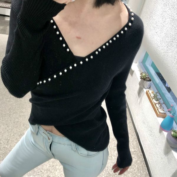 

women's sweaters [ewq] 2021 spring sweet long sleeve v neck pearl knit women sweater korea busty trend lady pullover knitting qx94, White;black