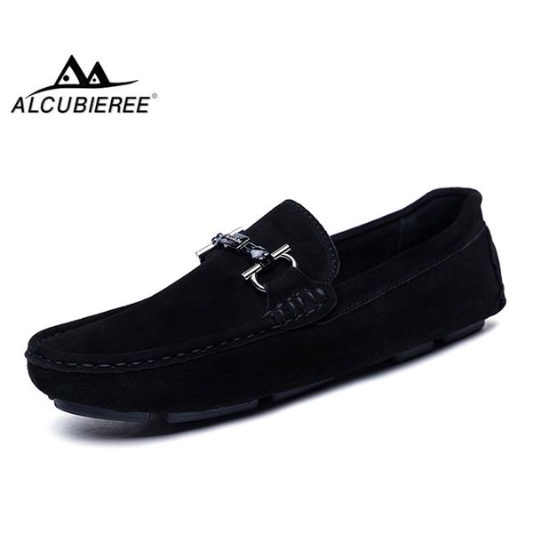 

alcubieree genuine leather men loafers fashion slip on driving shoes men moccasin boat shoes casual business gommino, Black