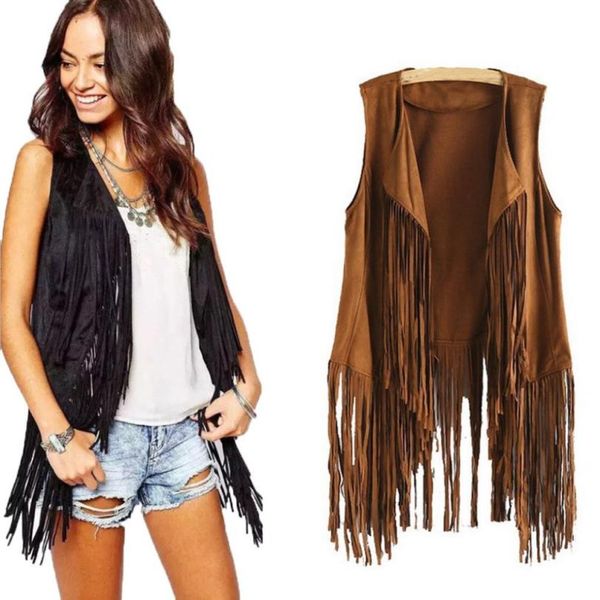 

2018 new listing women autumn winter faux suede ethnic sleeveless tassels fringed cardigan hundred and up outerwear 18july2, Black;brown