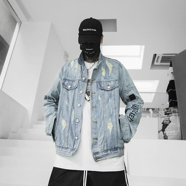 

Fashion Mens Jeans Jackets Street Styles Embroidery Mens Single Breasted Coats Homme Casual Holes Loose Clothes