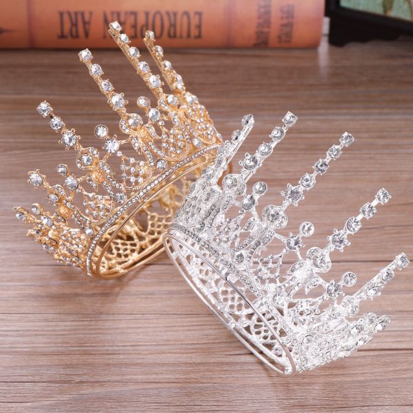 

baroque round vintage crown bridal wedding hair accessories crystal rhinestone big hair jewelry wedding pageant king queen tiara, Golden;white
