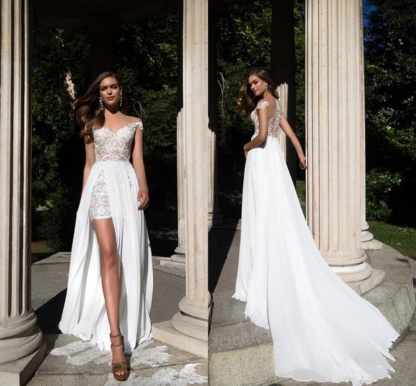

иллюзия лиф шнурка платья короткое свадебное платье с шифона overskirt high split cap sleeve sheer назад свадебные платья 2020 летняя, White