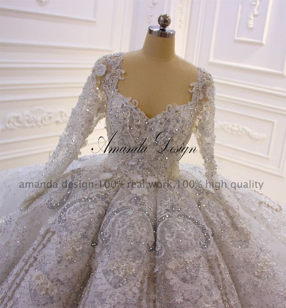 

vintage sequined lace appliqued ball gown wedding dress sparkly luxury off shoulder long sleeves saudi dubai arabic plus size bridal gown, White