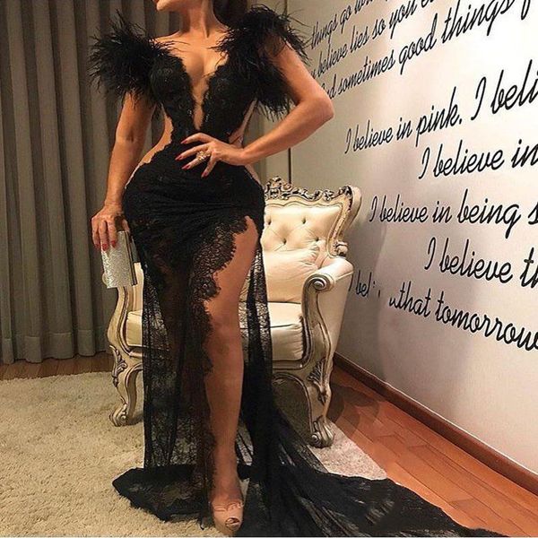 

modern black lace prom dresses lang sheer feather mermaid evening gowns chapekl train formal women party dress, White;black