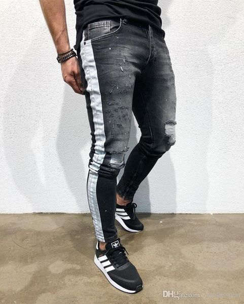 

mens designer pants fashion denim long pencil pants side striped ripped mens jeans clothes male black high street slim biker designer jeans, Blue