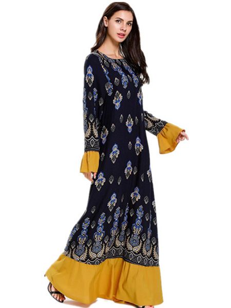 

morroco kaftans abaya arabic women muslim fashion round neck long-sleeved printed stitching ruffled musulmane vestidos long skirts 197655, Red