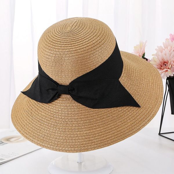 

summer handmade bow straw hat womens anti-uv sunbonnet foldable bucket hat elegant bow beach cap sun for women, Blue;gray