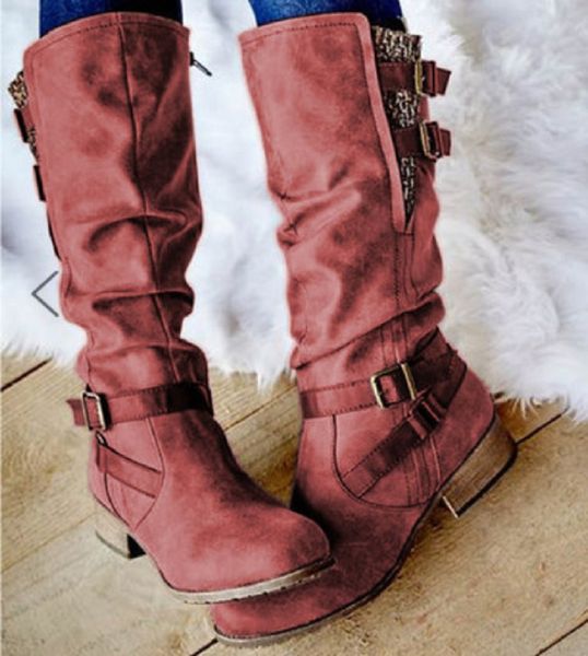 

woman shoes pu leather low heels vintage boots autumn winter buckle strap platform western mid calf boots female, Black