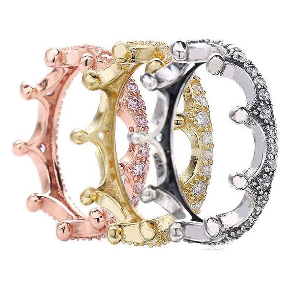 

authentic 925 sterling silver ring mixed metals enchanted crown ring stack for women wedding party gift fine europe jewelry, Golden;silver