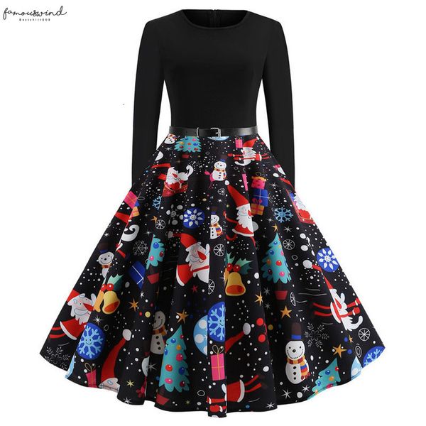 

vintage dress long sleeve print christmas dress winter elegant swing party dresses robe femme knee length casual rockabilly vestidos, Black;gray