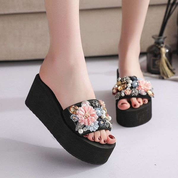 

pearl flower women's shoes new women's open toe slippers summer summer tow high heel wedge heel breathable leisure, Black