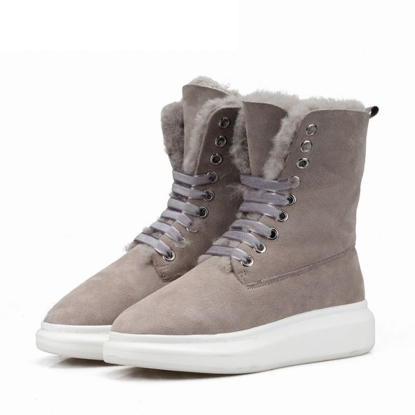 

women snow boots wool sheepskin real fur winter short boots light grey suede casual lace-up fashion thick bottom shoes war, Black