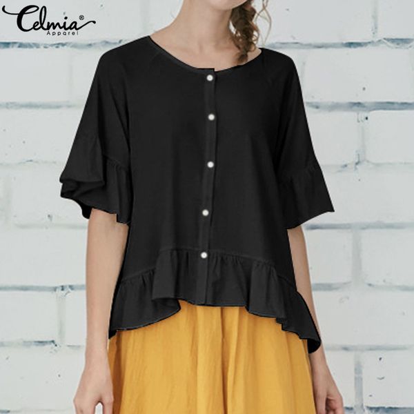 

celmia oversized female clothes women retro linen blouses summer ruffle shirts short sleeve casual buttons loose blusas 5xl, White