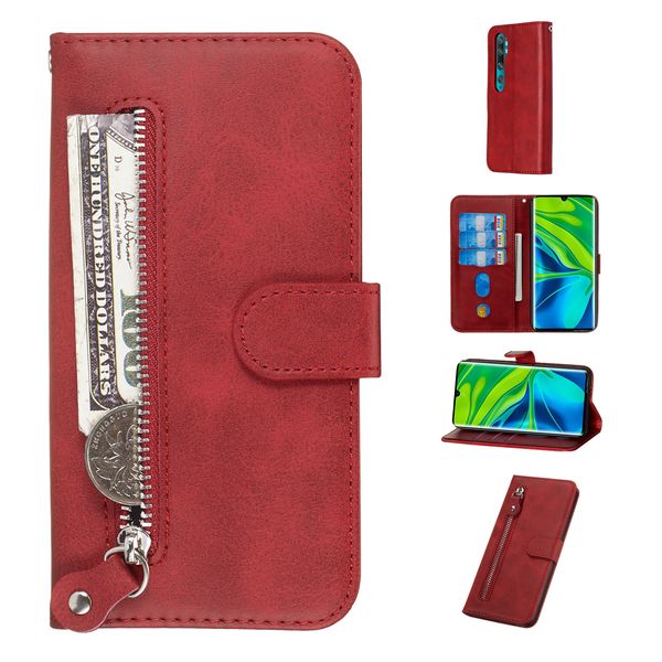 

pure zipper leather case for xiaomi mi cc9 pro/mi note 10/mi note 10 pro cover flip stand wallet with card slot