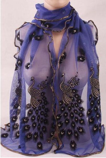 

2019 wonderful chiffon peacock long soft scarf more color size 190*43mm wrap shawl stole for stylish women/girls hjia605, Blue;gray