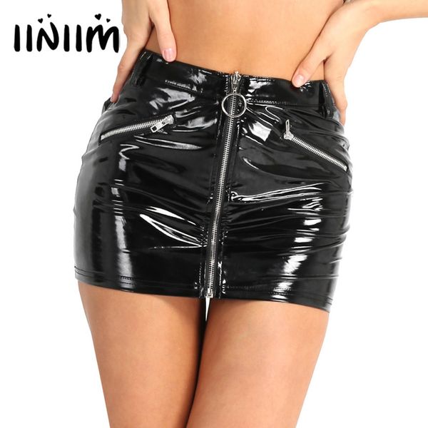 

women ladies costume evening party wetlook stretchy faux leather fake zipper pockets bodycon mini skirt party nightwear clubwear, Black