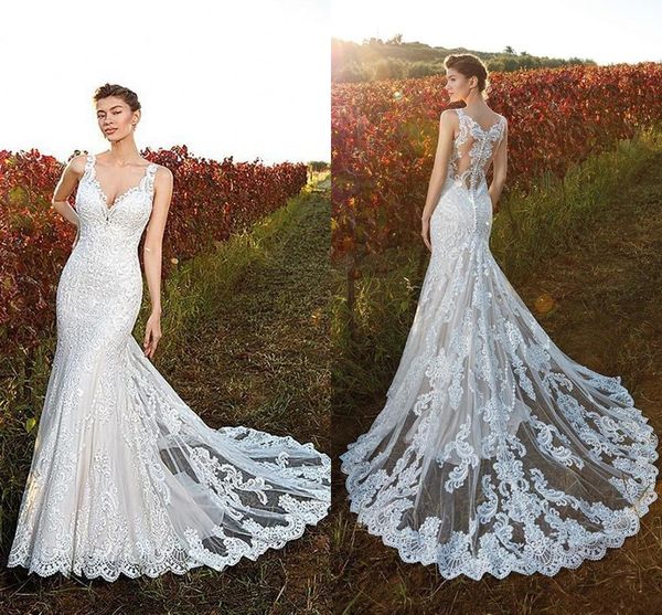 Country Style 2020 Lace Wedding Dresses Mermaid Deep V Neck Plus