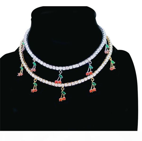 

charming women necklace silver color bling cz cherry pendan choker with cz tennis chain necklace for girls women nice gift