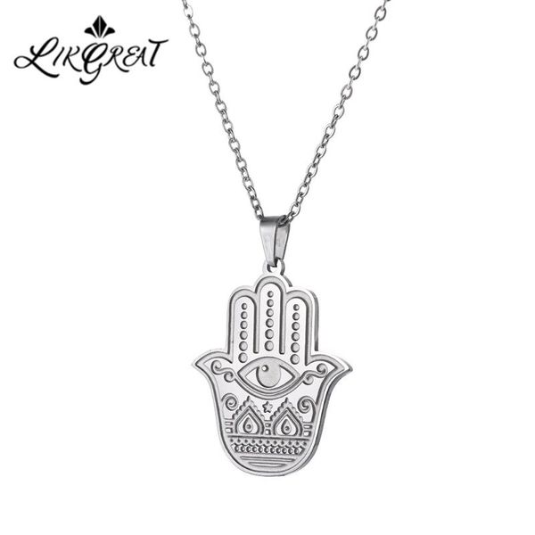 

likgreat fatima hand hamsa pendant necklace for women evil eyes stainless steel link chain choker adjustable fashion jewelry, Silver