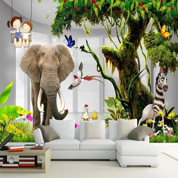

new custom large mural 3d wallpaper nordic elephant big tree animal children's bedroom mural tv back wall decor deep 5d embossed