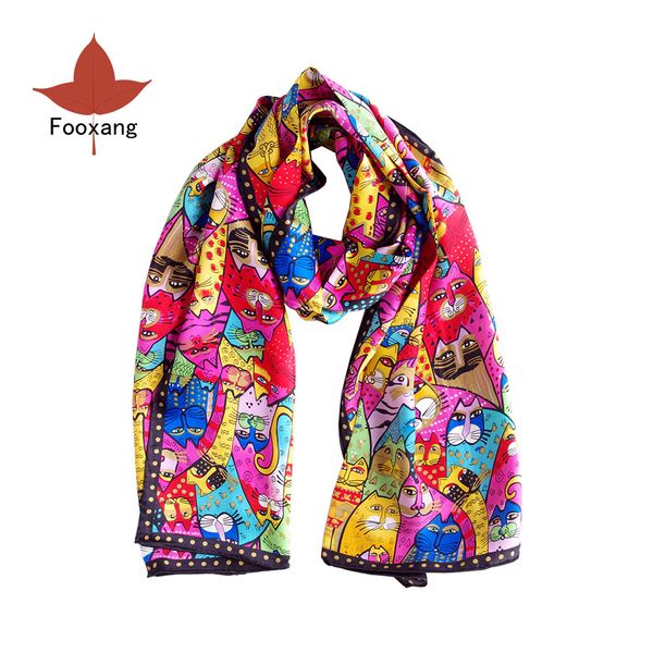 

women's long silk scarf pure handmade necktie headscarf coloful cats animal painting neckerchief satin bandana160 x 42cm