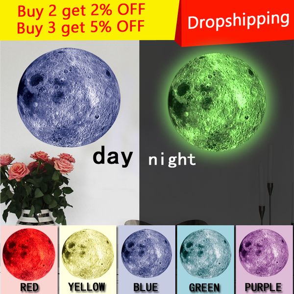 

20cm new 3d wall stickers for kids room fluorescent colour moon living room decoration glow in the dark stars for home decor