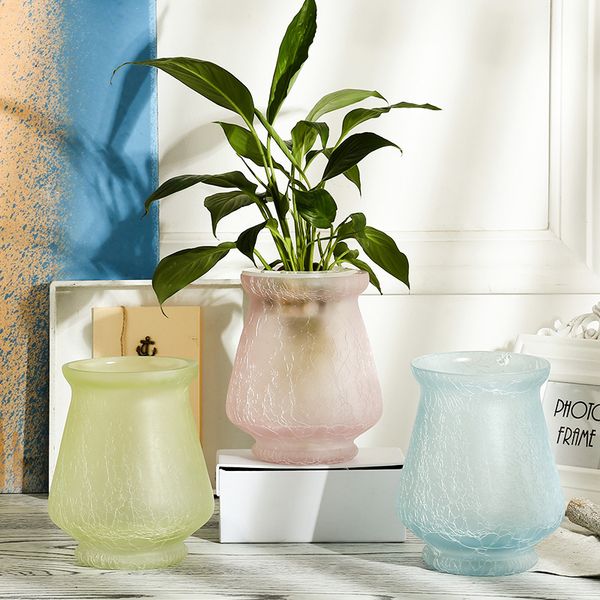 Europe Creative Ice Cracked Glass Vase Green Blue Pink Frosted