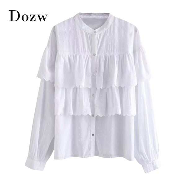 

women stylish dot print white cotton blouse elegant office wear long sleeve ruffle shirt stand collar casual blouses 2020