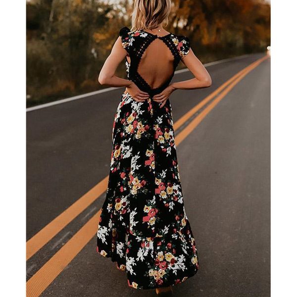 

deep v neck backless summer dress women floral print bohemian maxi dress hollow out irregular long dress vestidos, Black;gray