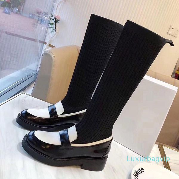 

new women elastic sock knit leather ankle boots luxury booties personalized stitching over the knee boots fashion womens shoes, Black