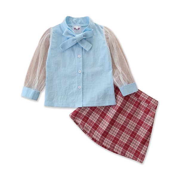 

длинные рукава дети комплект рубашка + юбка девушки 2pcs set 2020 новый плед lace mesh детские костюмы, White