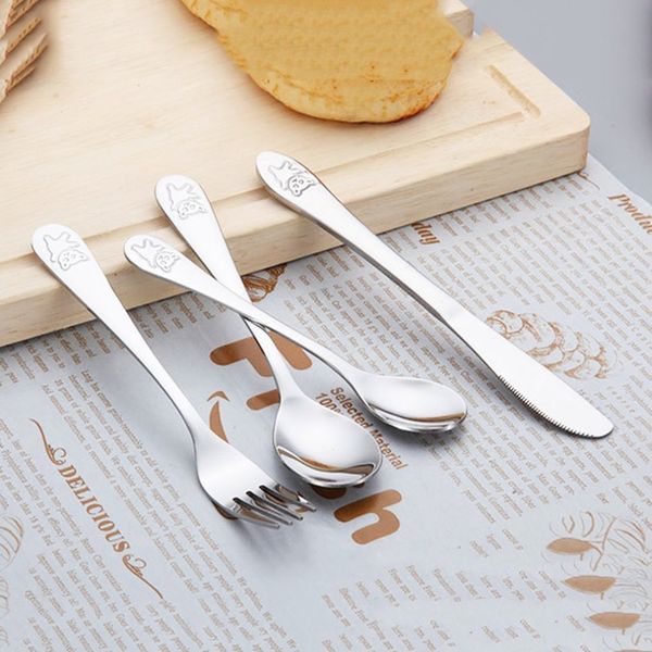 

4pcs/set baby dishes teaspoon spoon fork knife utensils set stainless steel baby kids learning eating habit children tableware