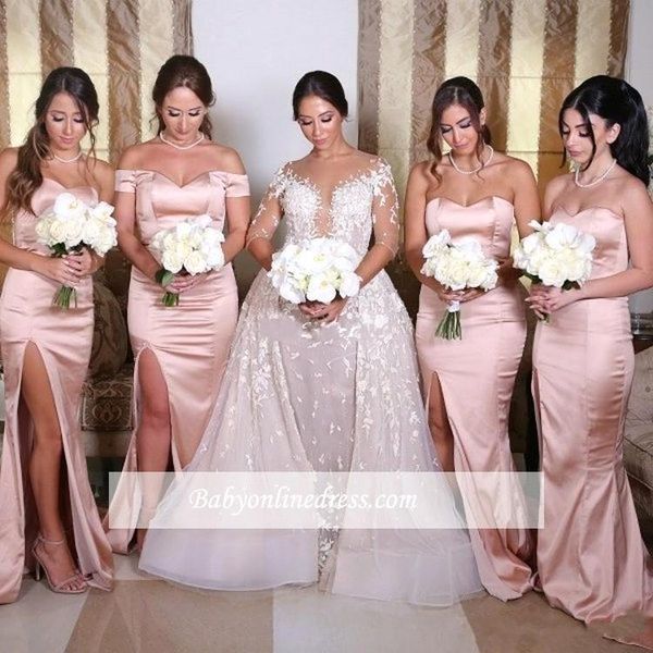 

dusky pink mermaid sheath split bridesmaid dresses for summer weddings bohemian beach wedding guest party evening gowns off shoulder bc0922, White;pink