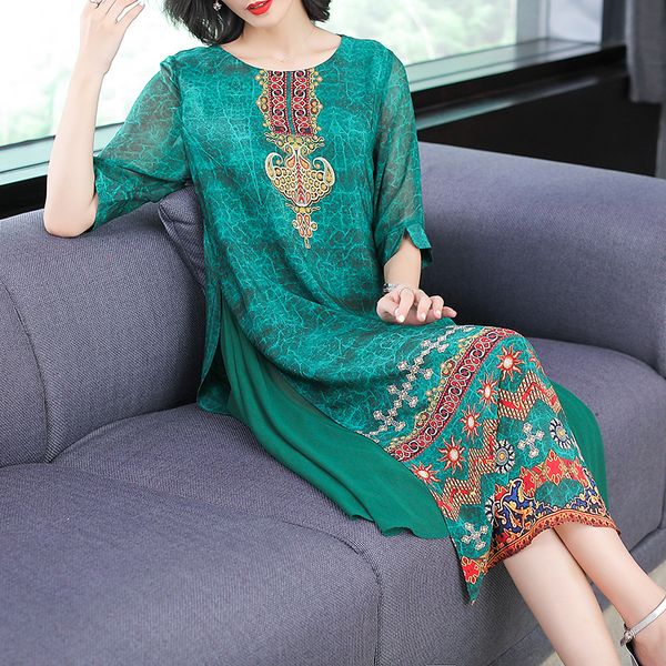 

4xl 5xl plus size green national printed vintage dress vestidos mujer ladies elegant chiffon dresses, Black;gray