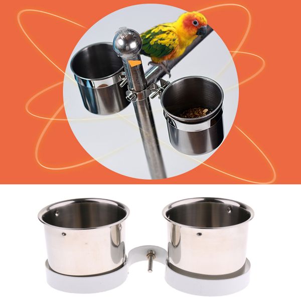 

2 pcs birds parrot cages stainless steel food cup with iron cup holder