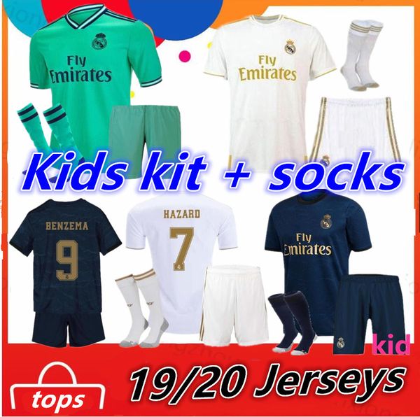 

hazard 2019 2020 real madrid kids kit +socks ronaldo modric soccer jerseys 19 20 vinicius benzema football shirts boys camiseta de futbol, Black