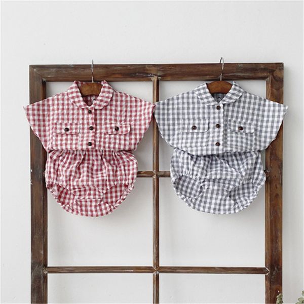 

ins summer new infant baby short-sleeved plaid shirt+bread shorts two-piece suit korean newboran boys girls clothes outfits set, White