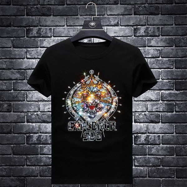 

european station summer men's heavy industry rhinestone short-sleeved t-shirt men's tide brand trend half-sleeved slim anime, White;black