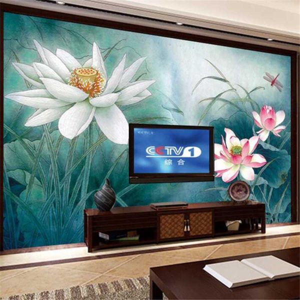 

customized large wallpaper mural 3d lotus pen painting decorative painting l restaurant sports place background wall paper