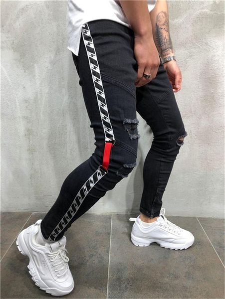 

pants mens designer jeans pencil pants holes ribbon street style skinny solid color jeans fashion mens, Blue